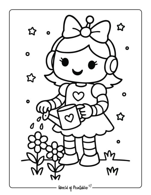 robot watering flowers coloring page