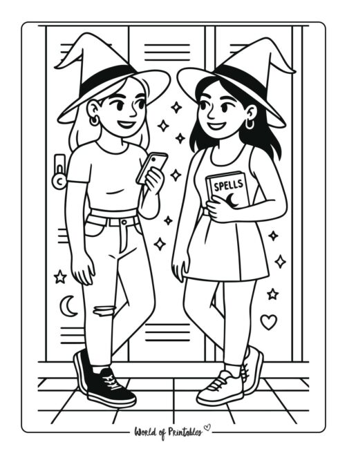 teen witches at school coloring page