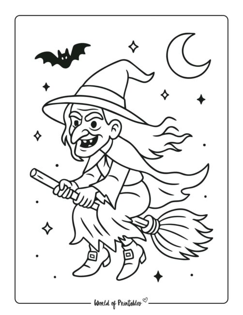 traditional witch on broomstick coloring page