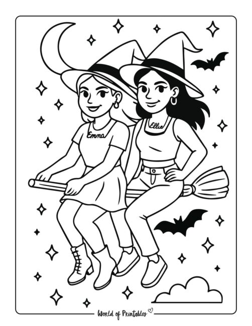 twin witches on broom coloring sheet