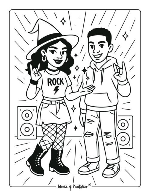 witch and friend at concert coloring page