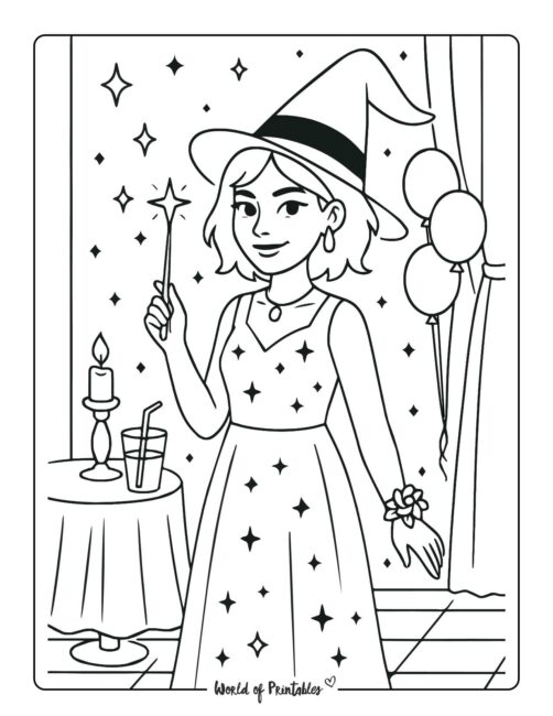 witch at prom coloring page for teens