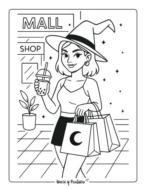 witch at shopping mall coloring page