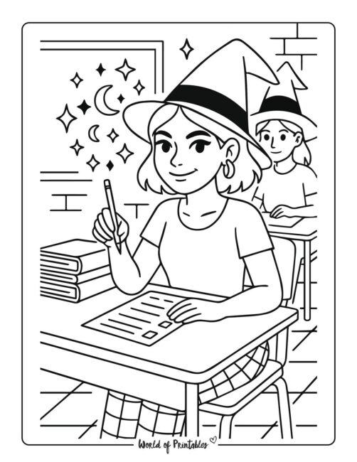witch sitting her exam coloring page