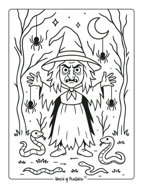 witch, spiders and snakes coloring page