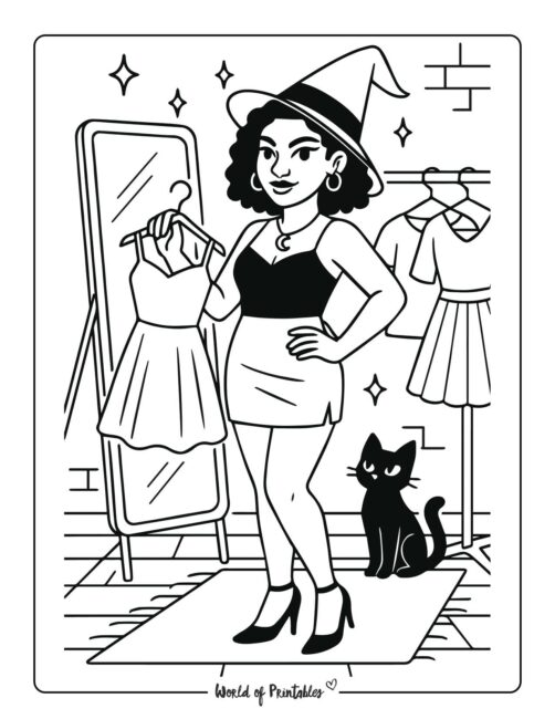 witch trying on outfits coloring page for teens