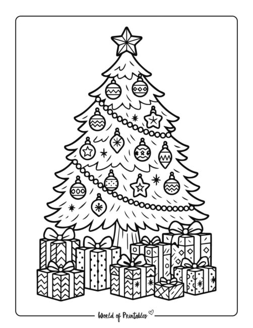 Big Christmas Tree with Gifts Coloring Page