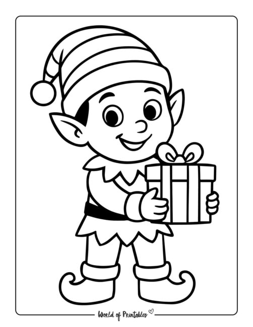 Boy Elf and Gift Coloring Page