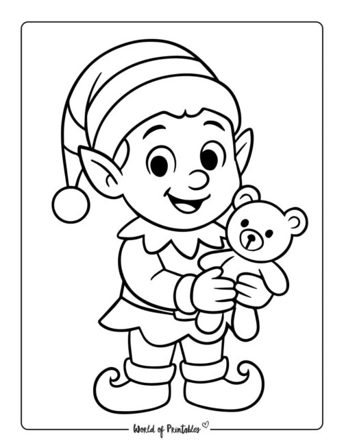 Boy Elf and Teddy Bear Coloring Page