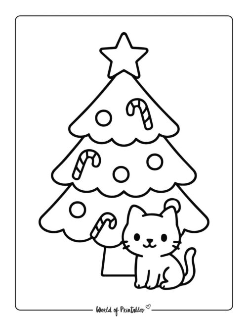 Cat and Christmas Tree Coloring Page