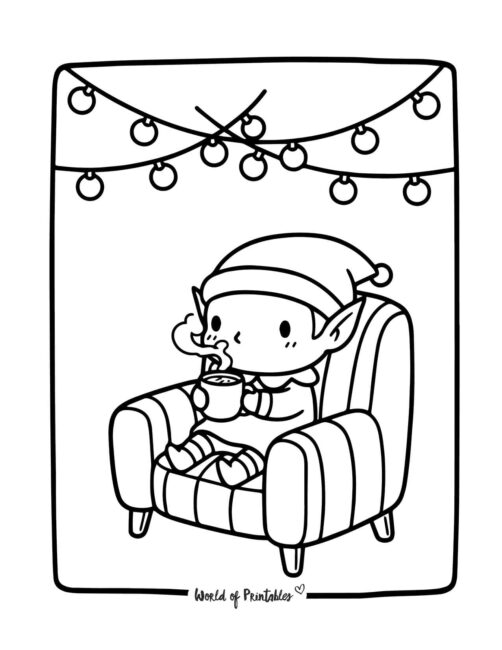 Christmas Elf Drinking Tea Coloring Page