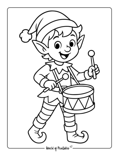 Coloring Page for Kids Elf Playing Drum