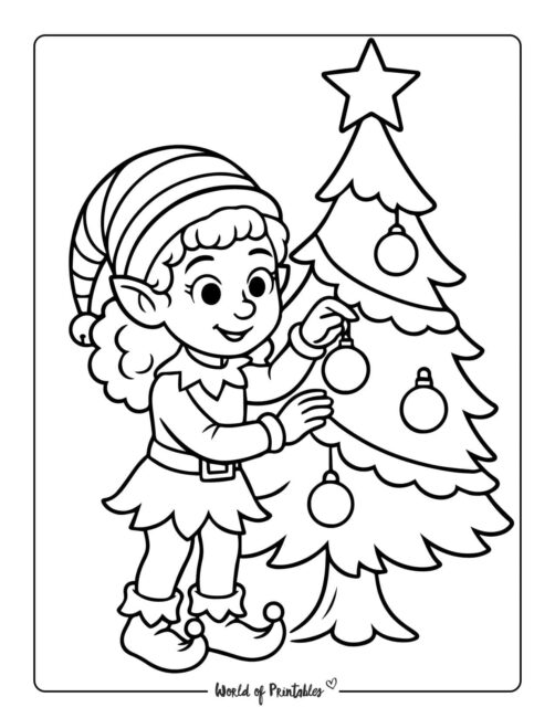 Coloring Page of Girl Elf Decorating Tree