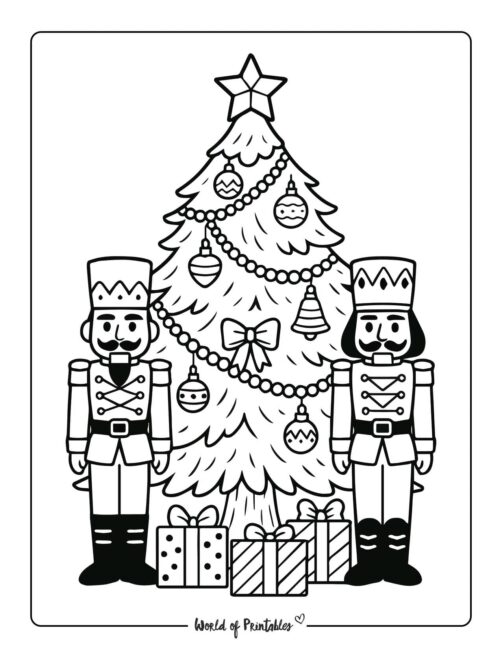Cool Christmas Tree and Nutcrackers Coloring Page