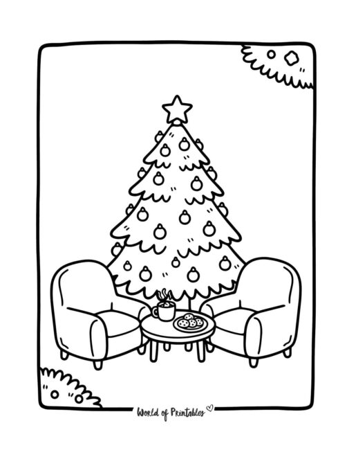 Cosy Christmas Tree Scene Coloring Page