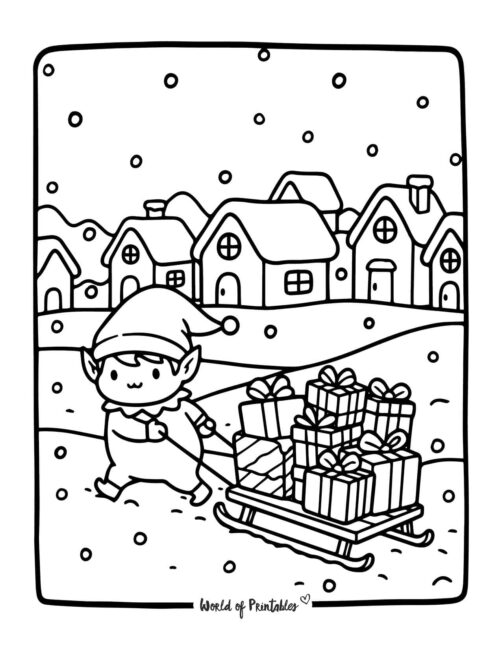 Cute Christmas Elf Pulling Sleigh Coloring Page