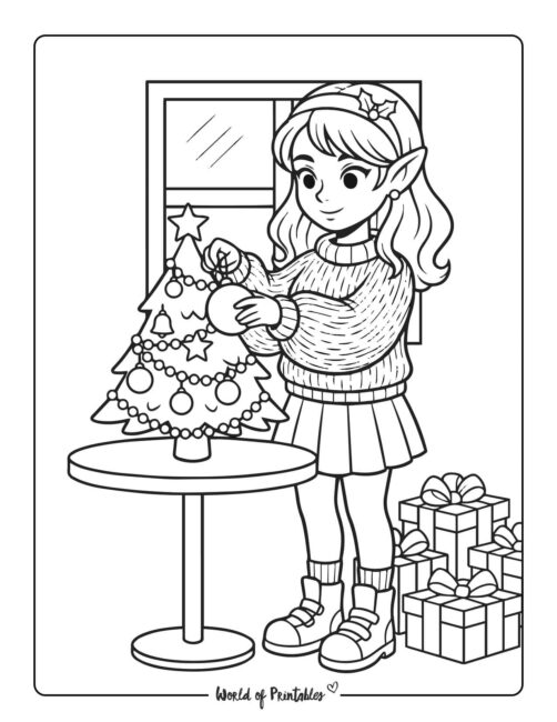 Cute Elf Decorating Tree Coloring Page