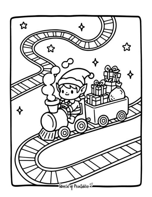 Cute Elf Riding a Train Christmas Coloring Page