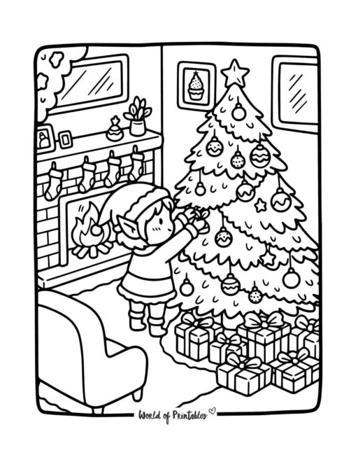 Cute Elf Scene Coloring Page