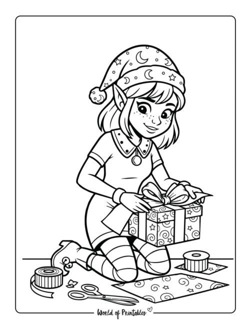 Cute Elf Wrapping Present Coloring Page