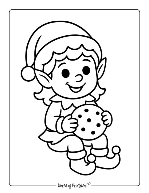 Cute Elf and Cookie Coloring Page for toddlers