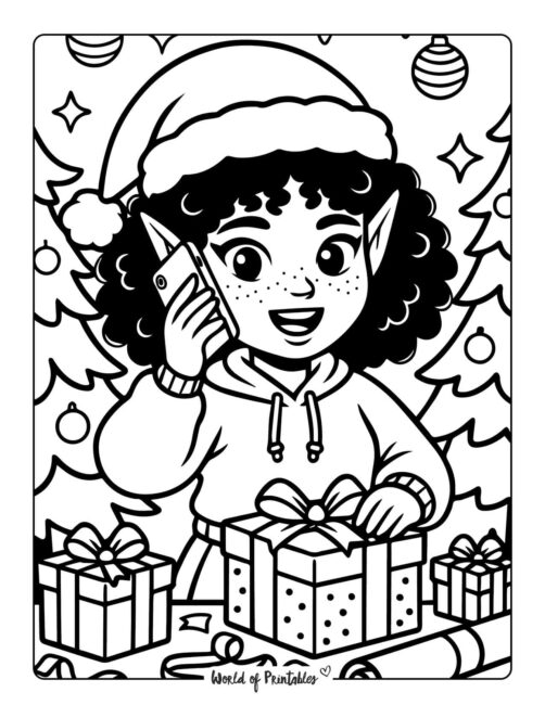Cute Elf and Gifts Coloring Page