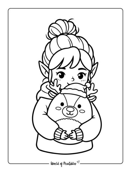 Cute Elf and Plushy Coloring Page
