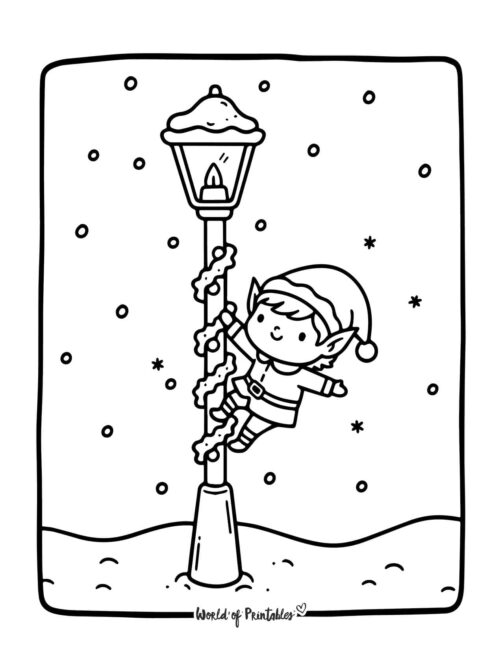Cute Elf on Lamp post Coloring Page
