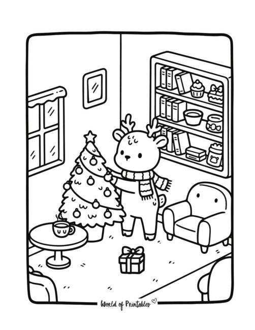 Cute Reindeer Decorating Christmas Tree Coloring Page
