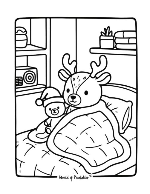 Cute Reindeer in Bed Coloring Page