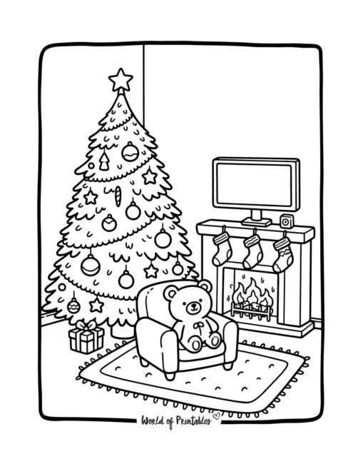 Cute Teddy and Christmas Tree Coloring Page