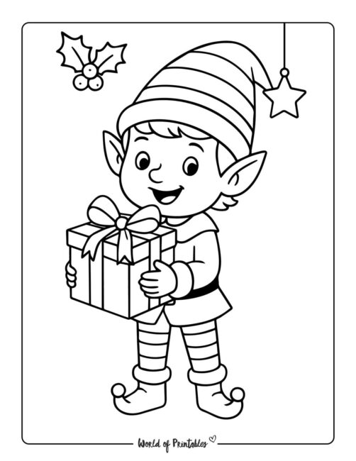 Cute and Simple Elf Holding Gift Coloring Page