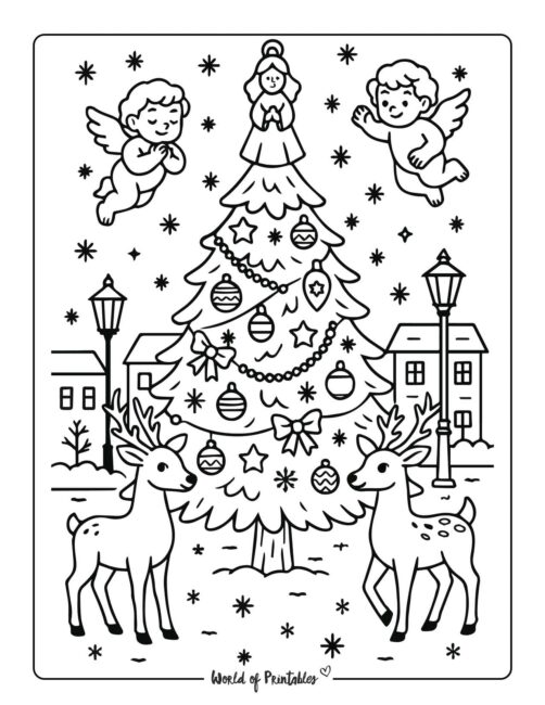 Deer, Cherubs and Christmas Tree Coloring Page