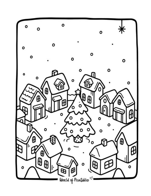 Easy and Cute Village Scene Coloring Page