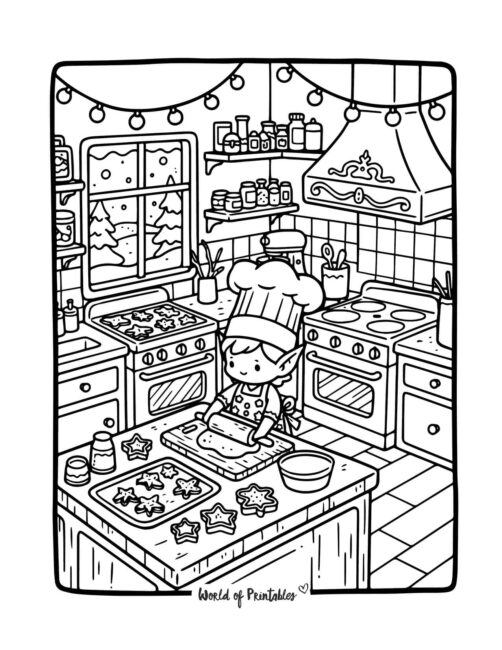 Elf Baking Christmas Cookies Coloring Page
