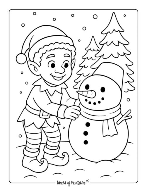Elf Building Snowman Coloring Page