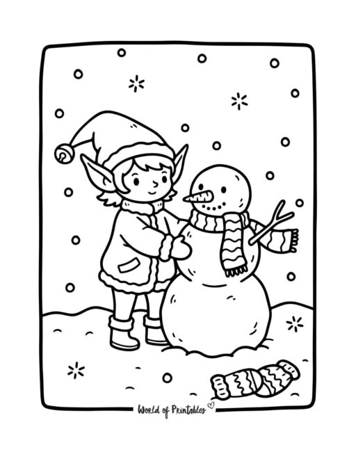 Elf Building a Snowman Coloring Page