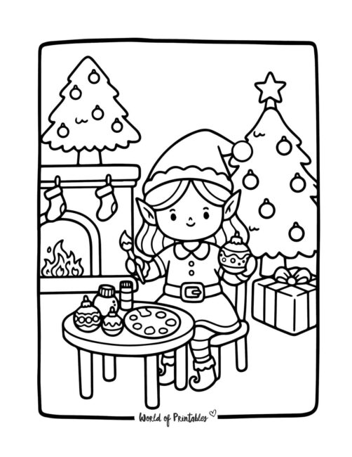Elf Decorating Ornaments Coloring Page