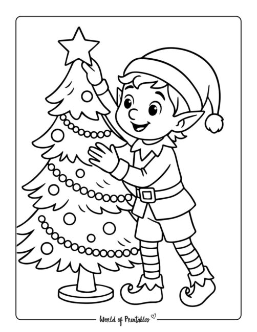 Elf Decorating Tree Simple Coloring Page for Kids