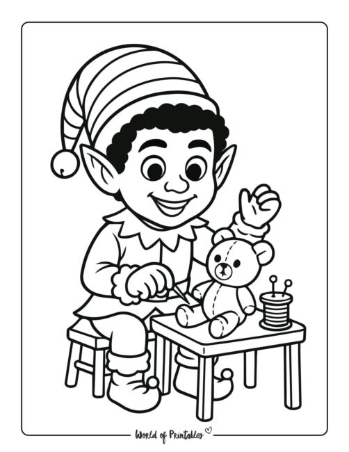Elf Fixing Teddy Bear Coloring Page