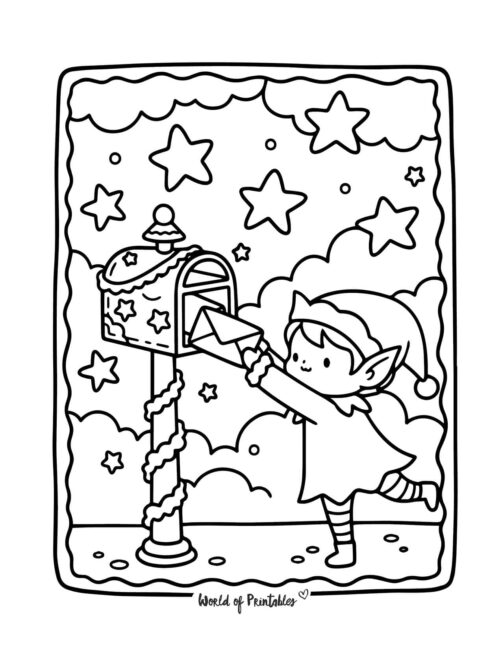 Elf Sending a Letter Coloring Page