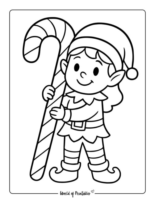 Elf and Candy Cane Coloring Page