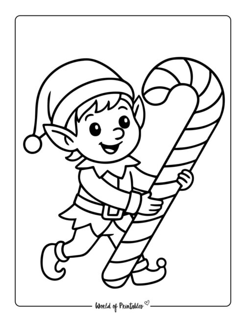 Elf and Candy Cane Coloring Page for Toddlers