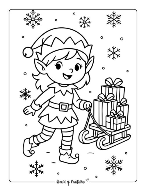 Elf and Gifts Coloring Page for Kids