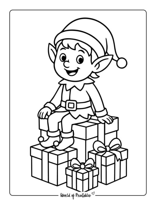 Elf and Gifts Simple Coloring Page