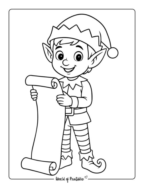 Elf and List Simple Coloring Page