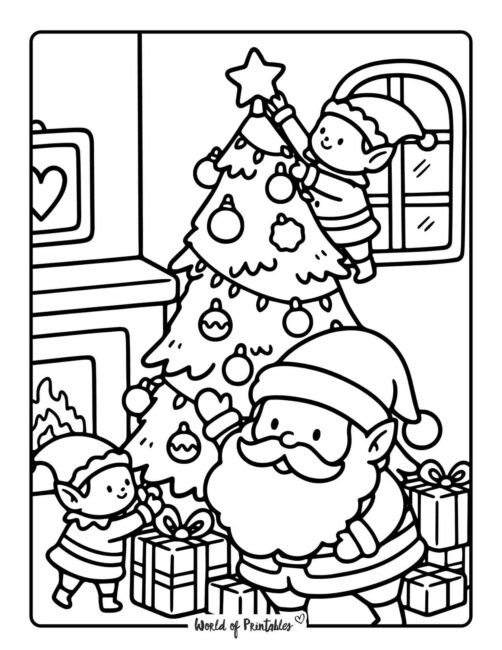 Elf and Santa Coloring Page