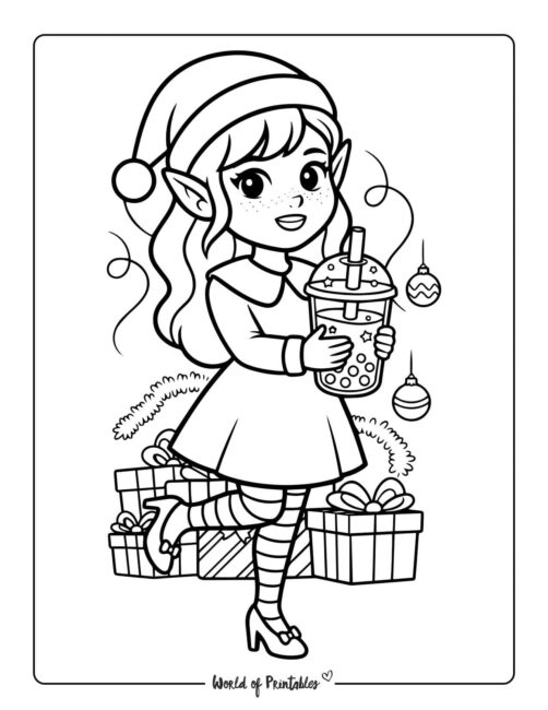 Elf with Bubble Tea Coloring Page