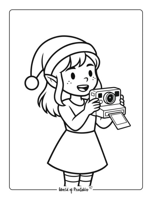 Elf with Camera Coloring Page