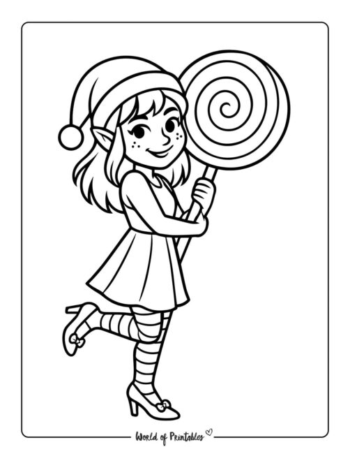 Elf with Giant Lollipop Coloring Page
